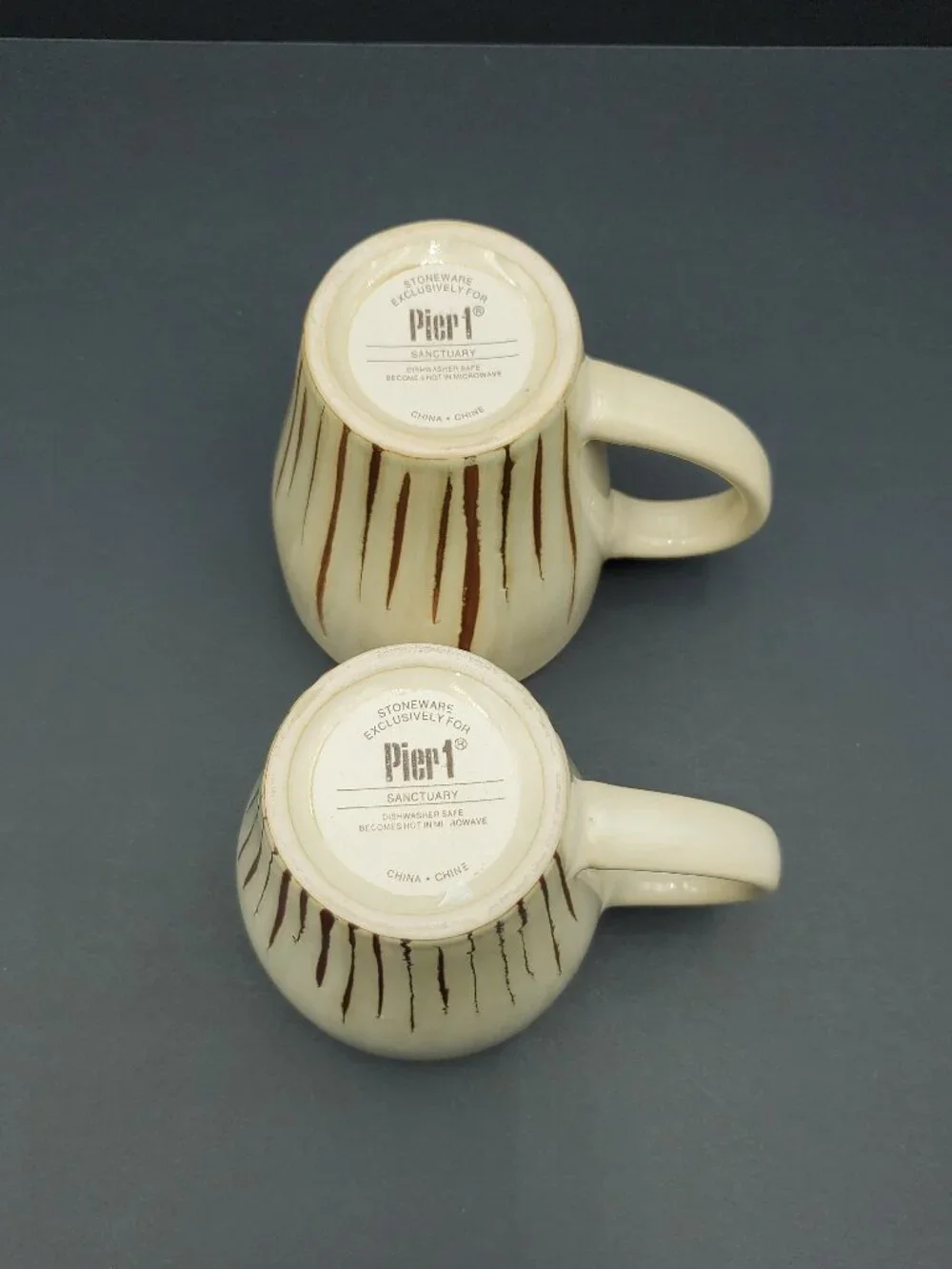 Pier 1 Sanctuary Mugs Tan Stoneware Mugs with Brown Lines